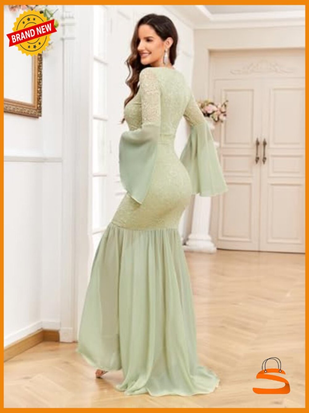 Maternity Lace Chiffon Mermaid Gown Bell Sleeve V-Neck Maxi Dress Photoshoot - Picture 4 of 7